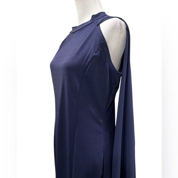 Evening Gown Chiffon Cape Sleeve Maxi Dress Slit Dark Blue Size Large NWOT - Picture 2 of 14